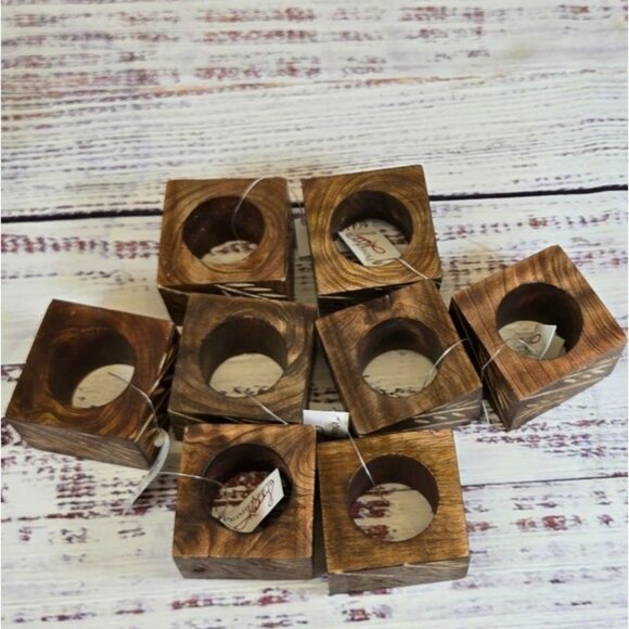 NWT Rustic Square Napkin Rings Bamboo carved real wood Boho Natural 8pc set - Picture 3 of 9